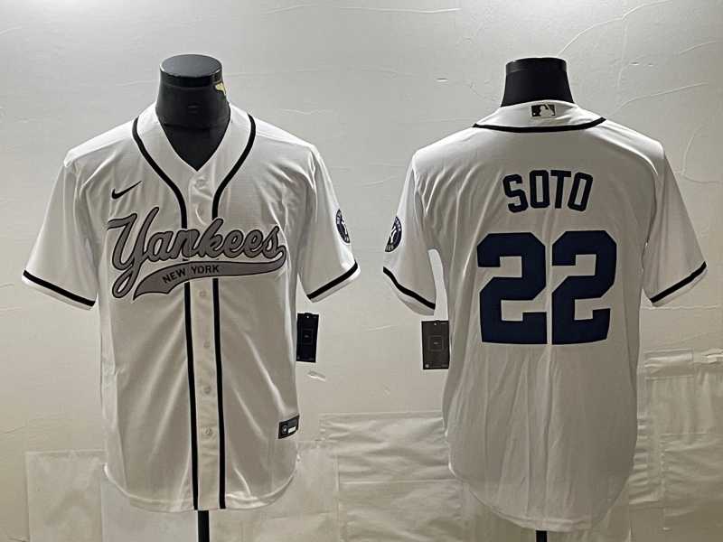 Men%27s New York Yankees #22 Juan Soto White With Patch Cool Base Stitched Baseball Jersey2
